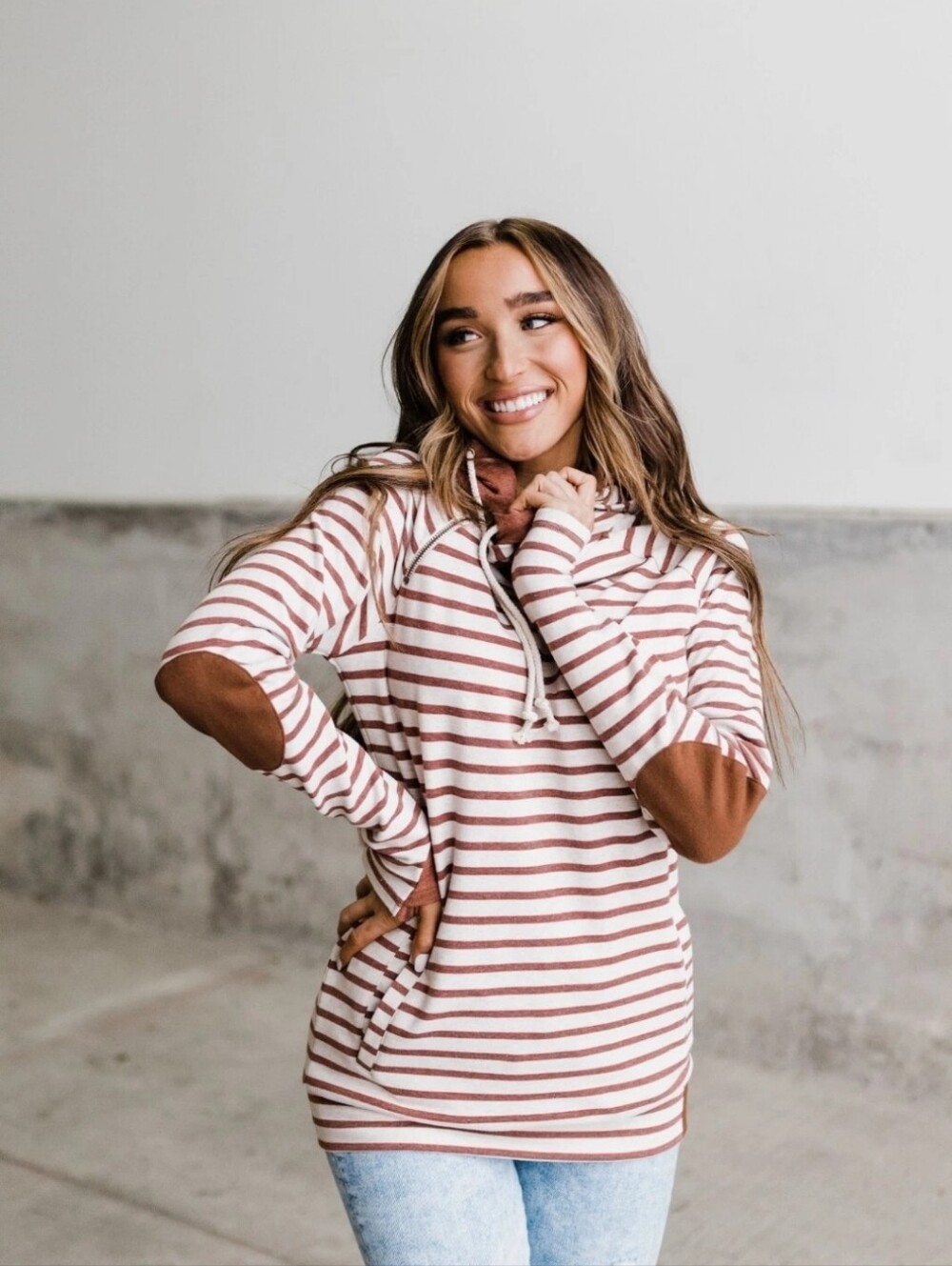 Ampersand Avenue Striped Pullover Hoodie Elbow Patch Pockets Raglan 2XL